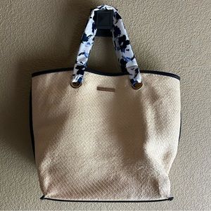 Oscar De La Renta Beach Straw Raffia Tote Shoulder Bag Scarf Handles